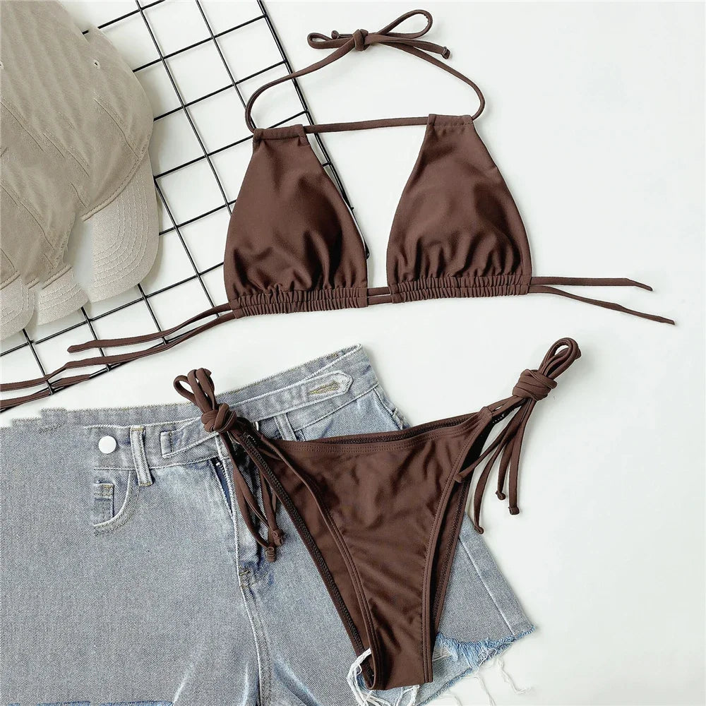Conjunto de bikini micro con tanga y cuello halter para mujer, traje de baño sexy con cordones y aberturas, bikinis 2025