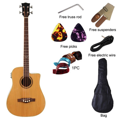 Bajo electroacústico de 43 pulgadas y 4 cuerdas, diseño de guitarra folk con cutaway, con funda y ecualizador.
