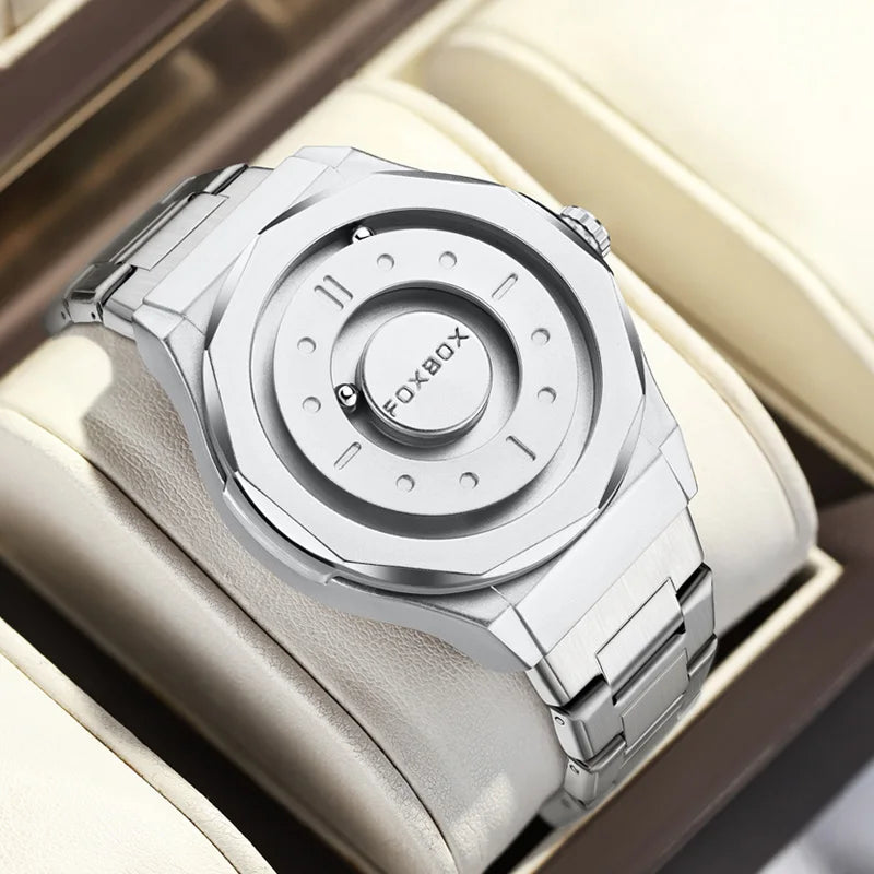 FOXBOX Reloj de negocios de lujo para hombre, resistente al agua hasta 30 m, diseño personalizado, correa de acero inoxidable, reloj de cuarzo para hombre, regalo de moda