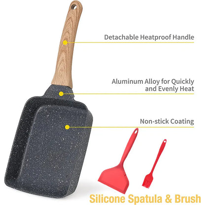 Sartén antiadherente para tamagoyaki, tortilla japonesa, huevos, rectangular, con mango desmontable anti-escaldaduras, apta para todo tipo de estufas.