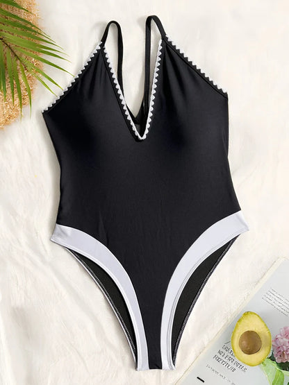 Vigoashely 2025 Lady Sexy Strapped Swimwear Women Solid Patchwork One Piece Swimsuit Monokini Backless Summer Beach Bathing Suit