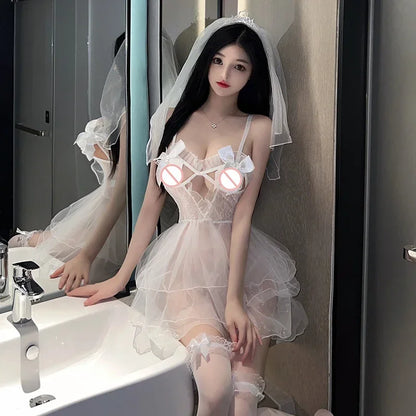 Sexy Bridal Lingerie Set See Through Mesh Babydoll Dress with Veil White Wedding Club Nightwear Cosplay Costume for Women Girls