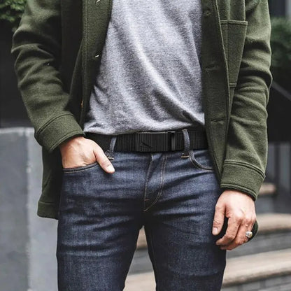 Cinturón de hombre con hebilla automática de metal y nailon de imitación, para trabajo al aire libre, con hebilla automática sin dientes, informal, deportivo, de lona.