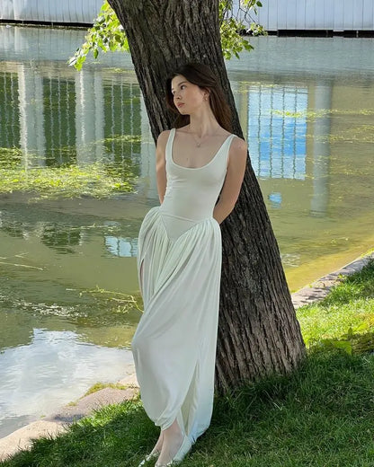 Vestido largo sexy con abertura alta JULISSA MO para mujer, negro, sin mangas, de talle alto, ideal para otoño, elegante y ajustado, perfecto para fiestas y discotecas (2024)