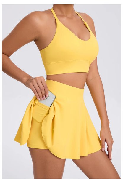 Conjunto de yoga para mujer, sujetador deportivo para exteriores, falda de tenis antiexposición, camiseta sin mangas de yoga transpirable de secado rápido, novedad de 2025
