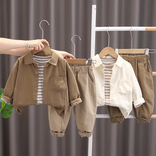 Conjuntos de moda para niños, traje informal, abrigo de manga larga, camisa y pantalones, 3 piezas