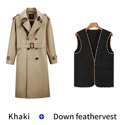 Super long windbreaker down liner  weatherproof men's trench coat British trend black trench coat men's casual coat