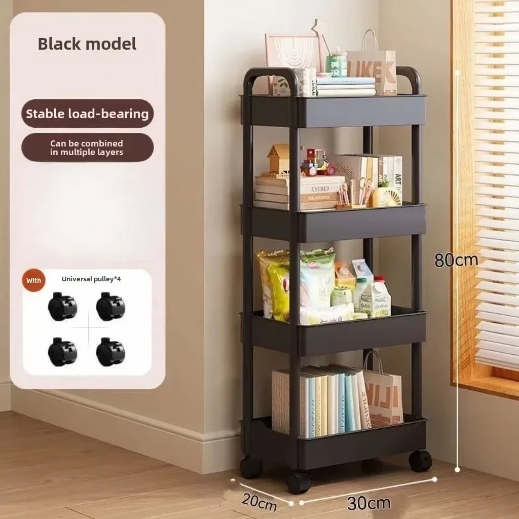 Carrito de almacenamiento multifuncional blanco con ruedas 2025: estantes abiertos para sala de estar y exhibición de libros, ideal para cocina y dormitorio.