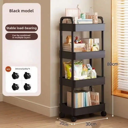 Carrito de almacenamiento multifuncional blanco con ruedas 2025: estantes abiertos para sala de estar y exhibición de libros, ideal para cocina y dormitorio.