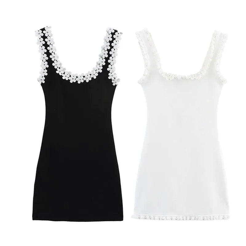 Vestido de verano sexy y ajustado para mujer HH, 2 colores lisos, cuello cuadrado, sin mangas, espalda descubierta, decoración floral.