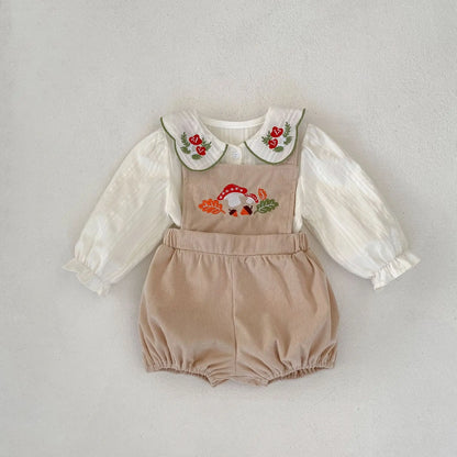 Nueva ropa infantil de otoño, niñas de 0 a 4 años, cárdigan con solapa bordada y pantalón con pechera, conjunto de 2 piezas