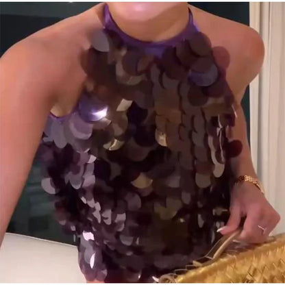 Vestido corto halter con lentejuelas y brillo para mujer, sin espalda, sin mangas, para fiestas de noche, vacaciones, cintura alta, sexy, nueva moda 2025.