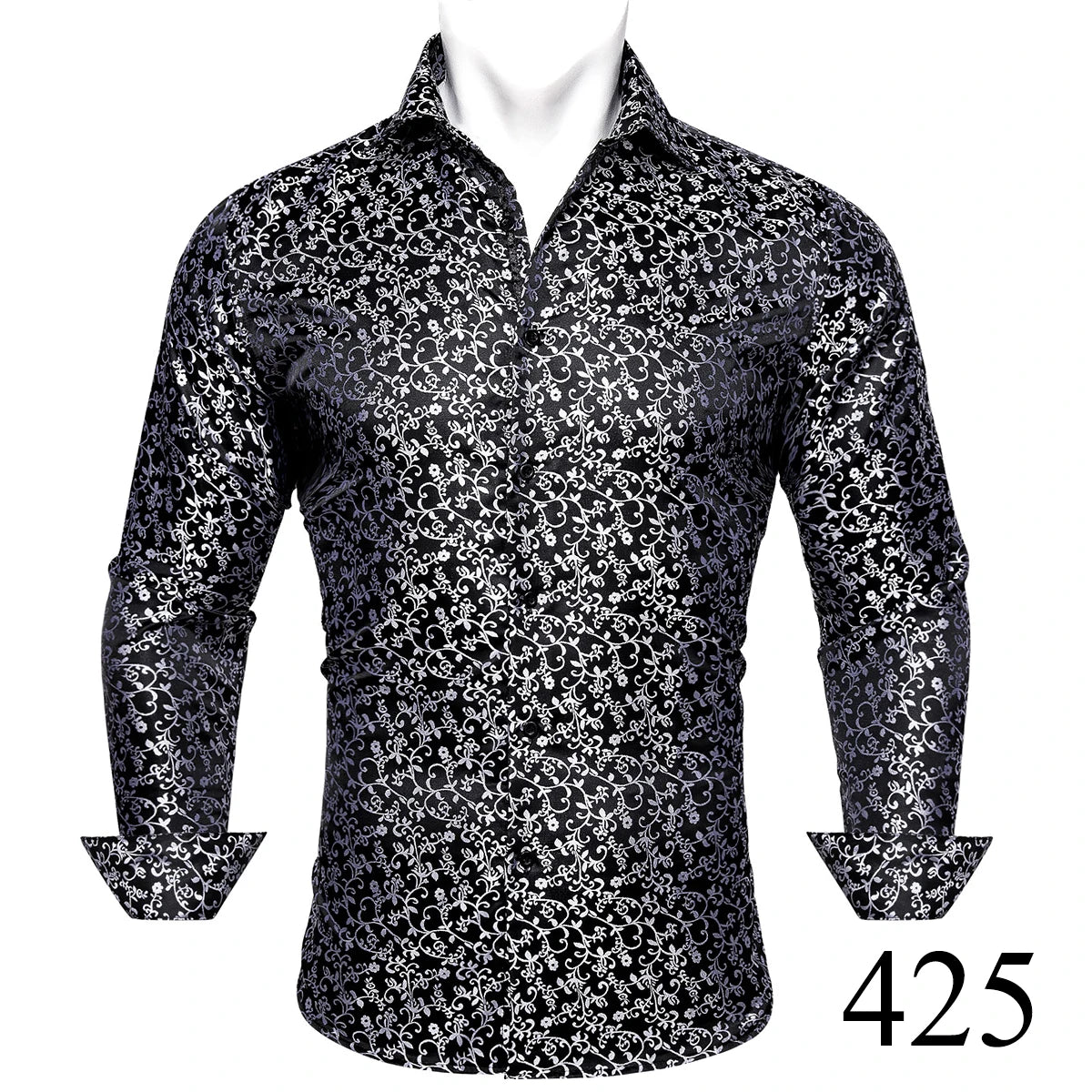 Camisas clásicas negras estampadas y bordadas para hombre, solapa de seda, manga larga, corte formal exquisito, ideales para eventos de negocios y fiestas. Barry.Wang CY-0407