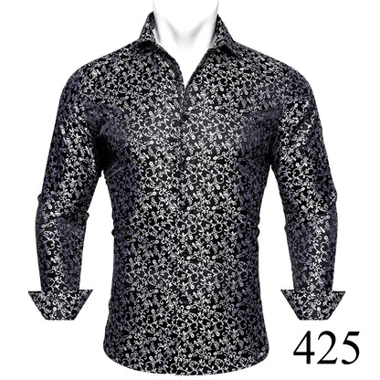 Camisas clásicas negras estampadas y bordadas para hombre, solapa de seda, manga larga, corte formal exquisito, ideales para eventos de negocios y fiestas. Barry.Wang CY-0407
