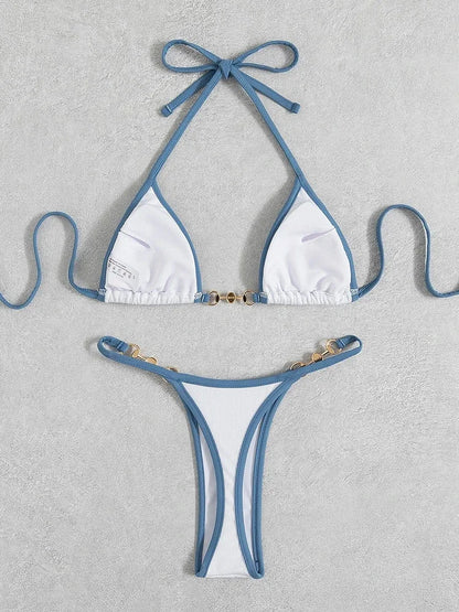 Bikini sexy con cuello halter y perlas para mujer, traje de baño femenino de dos piezas con ribete acanalado