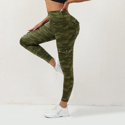 Pantalones de yoga con estampado digital, con bolsillo, sin costuras, tipo leggings de camuflaje para fitness, elásticos y ajustados para deporte.