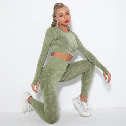 Conjunto de gimnasio con top corto sin costuras para mujer, conjunto de entrenamiento de yoga, ropa deportiva, leggings push up, chándal