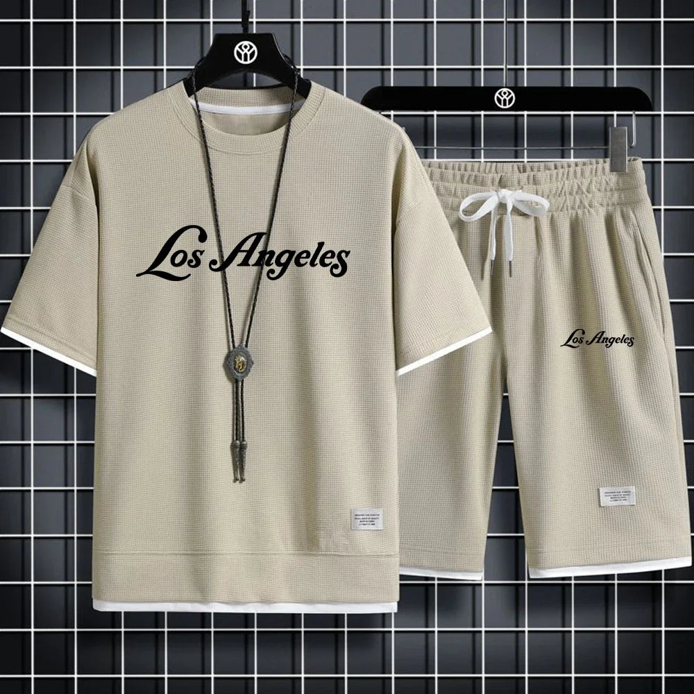 Conjunto de camiseta y pantalones cortos deportivos, conjunto deportivo de verano para hombre, conjunto informal sencillo de manga corta con forma de gofre