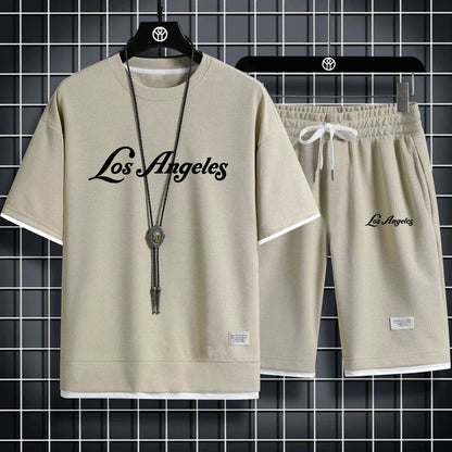 Conjunto de camiseta y pantalones cortos deportivos, conjunto deportivo de verano para hombre, conjunto informal sencillo de manga corta con forma de gofre