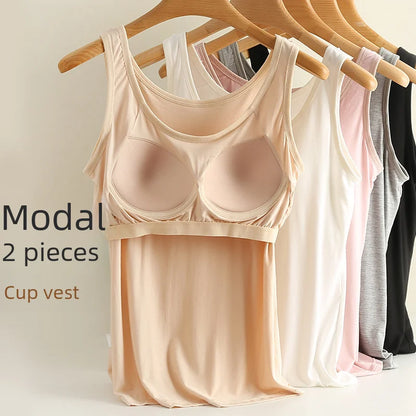 Chaleco de modal para mujer con almohadilla para el pecho, correa de ajuste fino, sujetador de una pieza, camiseta base, transpirable, cómoda, espalda, belleza, almohadilla de algodón