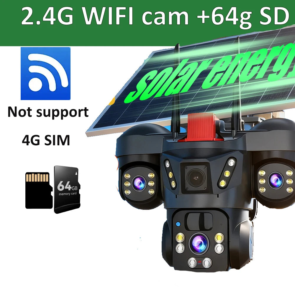 Cámara de vigilancia solar 8K 15MP con tres pantallas, WiFi, seguimiento automático, PTZ, tarjeta SIM 4G, cámara IP solar inalámbrica V380 Pro