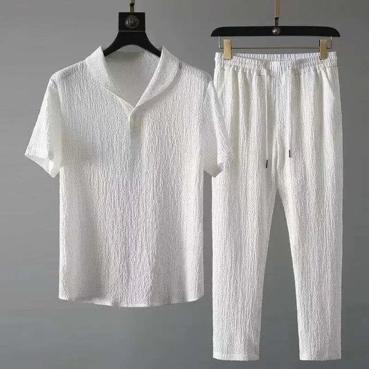 Conjunto de polo informal para hombre, moda de verano, manga corta plisada, cuello vuelto, traje de dos piezas, ropa ligera para hombre