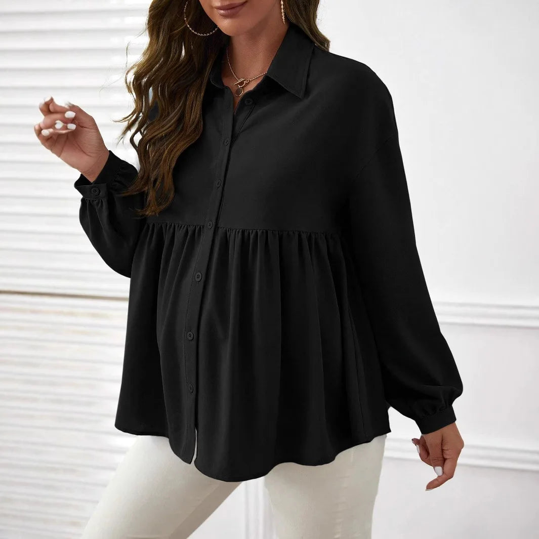 Ropa de maternidad, ropa para mujer, moda de primavera, camisas de color liso para embarazadas, blusa de manga larga con solapa y volantes