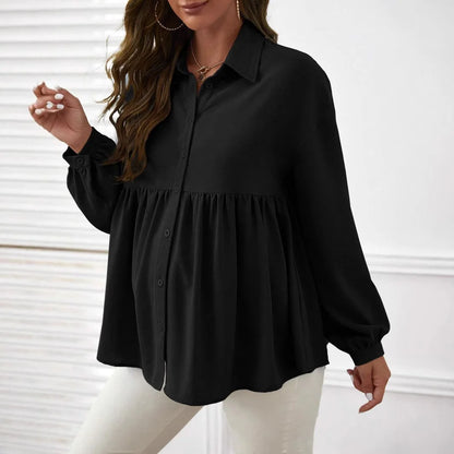 Ropa de maternidad, ropa para mujer, moda de primavera, camisas de color liso para embarazadas, blusa de manga larga con solapa y volantes