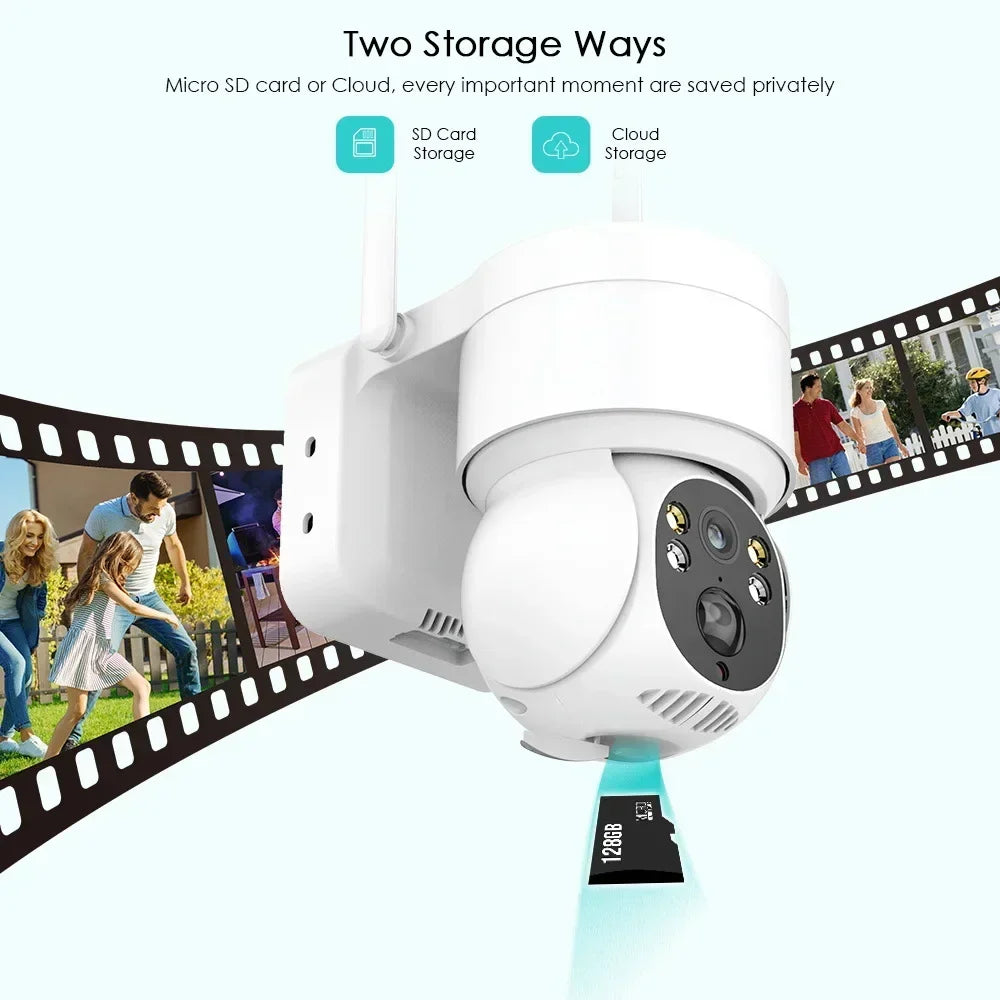 Cámara de seguridad exterior inalámbrica IP de 4 MP con alimentación solar, WiFi, batería de 7800 mAh, detección humana PIR y visión nocturna.