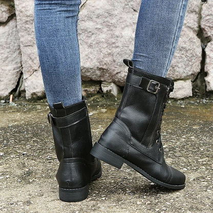 Botines de tacón cuadrado para mujer, botas de trabajo cortas de piel sintética para otoño e invierno, botas elásticas con cordones de talla grande para mujer 2024