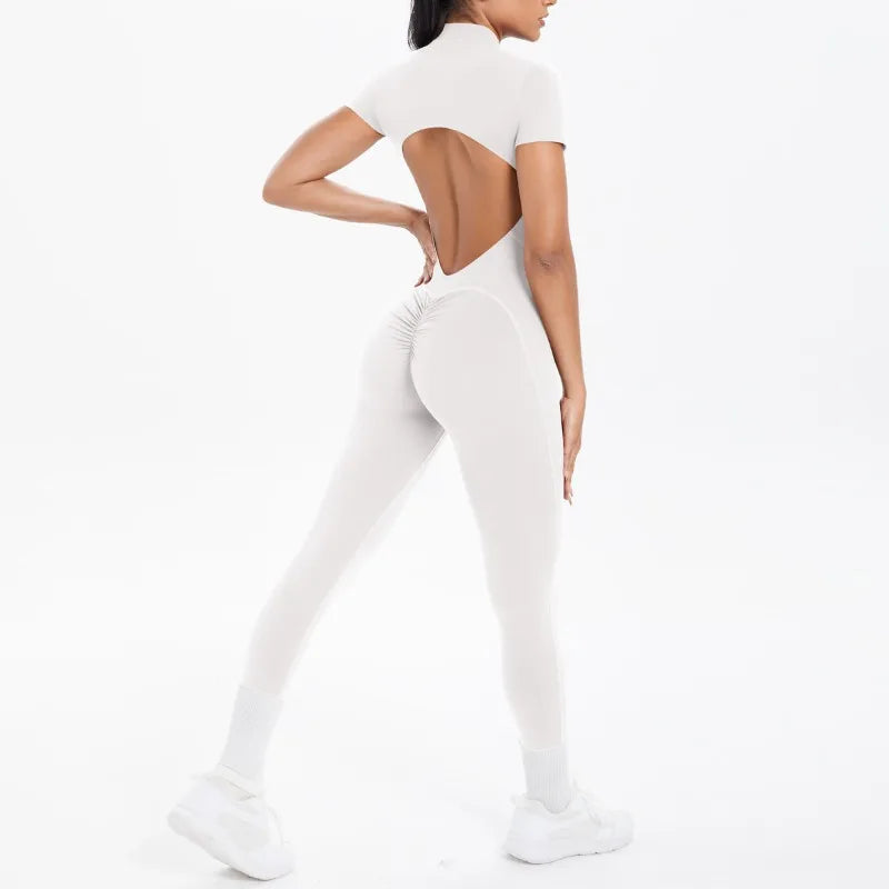 Mono deportivo de yoga sexy con cremallera frontal, espalda descubierta, manga corta, pantalones cortos, ropa deportiva para fitness, correr, gimnasio, yoga y actividades deportivas para mujer.