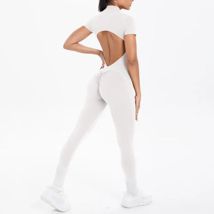 Mono deportivo de yoga sexy con cremallera frontal, espalda descubierta, manga corta, pantalones cortos, ropa deportiva para fitness, correr, gimnasio, yoga y actividades deportivas para mujer.