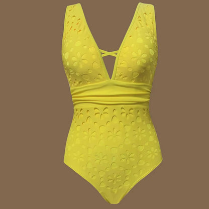 Sexy Deep V Neck Women Swimwear Yellow Color Laser Cutting Flower Hollow One Piece Swimsuit Women Backless Monokini Bathing Suit