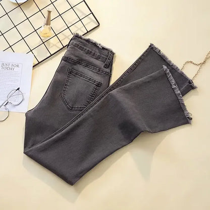Pantalones vaqueros negros de cintura alta, elásticos y adelgazantes para mujer, con microcampana, pierna recta, corte holgado, pierna ancha, con flecos y parte inferior a la moda.