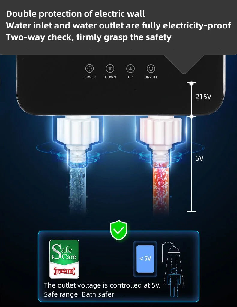 Calentador de agua eléctrico pequeño HYUNDAI con calentamiento rápido e instantáneo, temperatura constante inteligente y pantalla en inglés para ducha o baño.