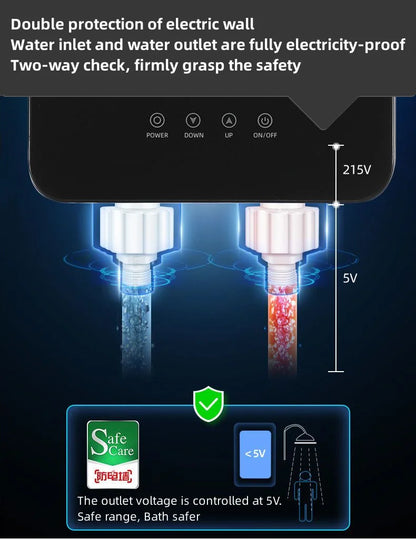 Calentador de agua eléctrico pequeño HYUNDAI con calentamiento rápido e instantáneo, temperatura constante inteligente y pantalla en inglés para ducha o baño.