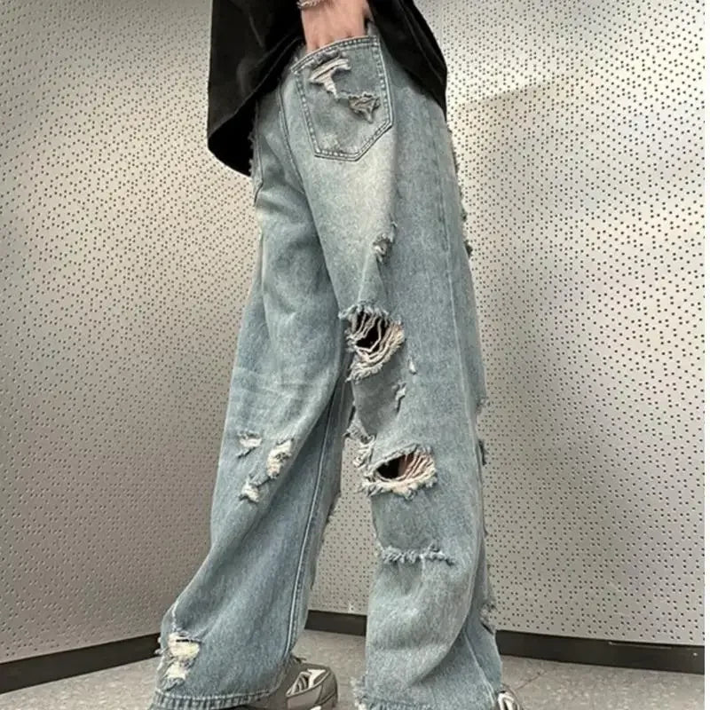 Vaqueros vintage desgastados de pierna recta, estilo americano, acampanados, holgados, de cintura alta, versión fina de verano para hombre.