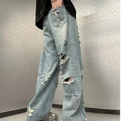 Vaqueros vintage desgastados de pierna recta, estilo americano, acampanados, holgados, de cintura alta, versión fina de verano para hombre.