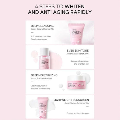Sakura Skin Care Sets (4 unidades/bolsa): Limpiador facial, tónico facial, protector solar, hidratante, suavizante y nutritivo.