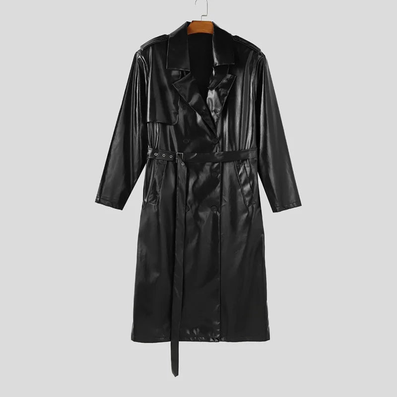 Abrigo INCERUN para hombre, de piel sintética lisa, con solapa, manga larga, estilo gabardina informal, estilo punk urbano, cortavientos.