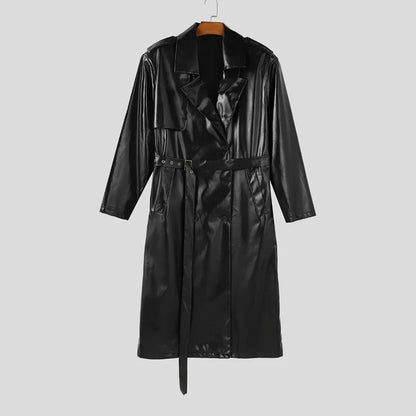 Abrigo INCERUN para hombre, de piel sintética lisa, con solapa, manga larga, estilo gabardina informal, estilo punk urbano, cortavientos.