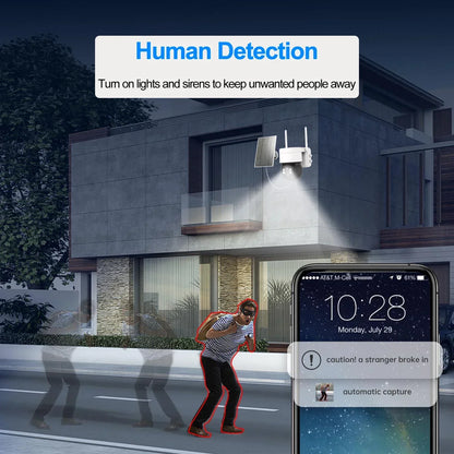 Cámara de seguridad exterior inalámbrica IP de 4 MP con alimentación solar, WiFi, batería de 7800 mAh, detección humana PIR y visión nocturna.