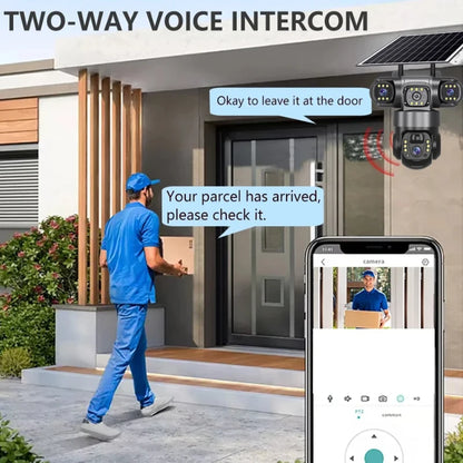 Cámara IP WiFi de 15 MP y 8K con tres lentes, resistente al agua y con carga solar para exteriores. Incluye visión nocturna, audio bidireccional y detección humana. Cámara de seguridad CCTV.