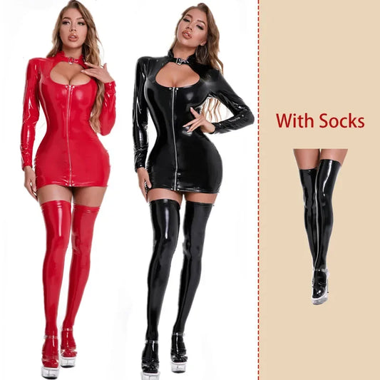 Women Sexy PVC Leather Dress with Stockings Gloves Shiny Latex Bag Hip Skirt Breast Exposing Porno Mini Dress