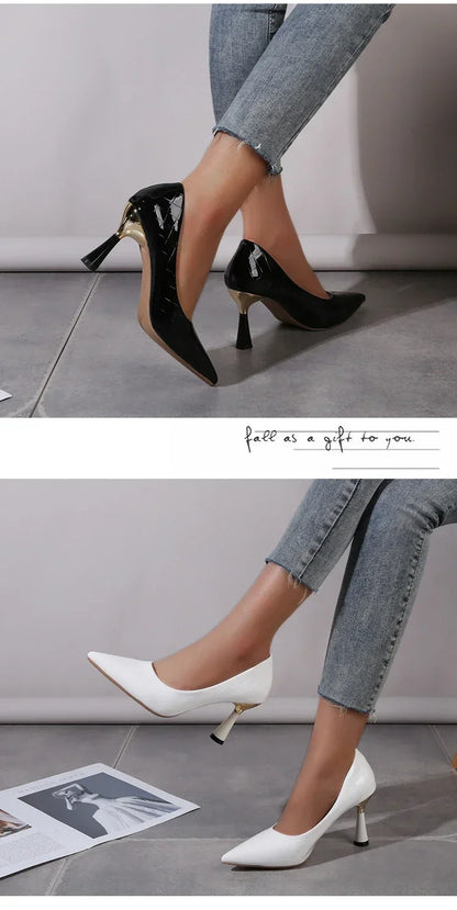 Zapatos Mujer 2024 Tendencia Nuevo Verano Tacones Rojos Elegante Mujer Tacón Negro Punta Puntiaguda Zapatos de Vestir Cuero Blanco Zapatos de Dama