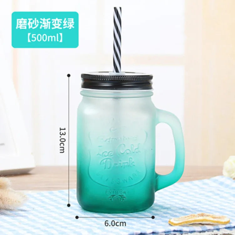 Jarra de vidrio de 480 ml, 500 ml y 16 oz con tapa de hierro y pajita de plástico, cuadrada, con degradado de color.
