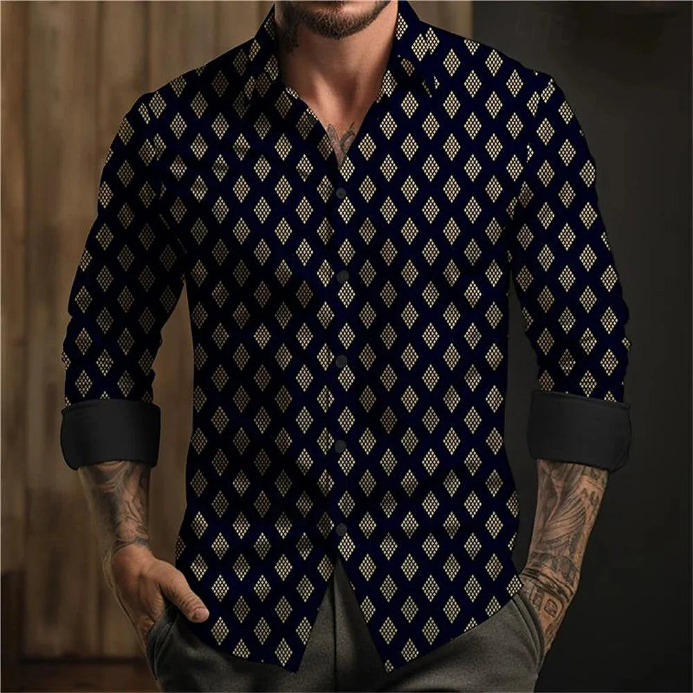 Camisa de manga larga para hombre con estampado de lunares, solapa y botones. Estilo veraniego informal, ideal para la moda hawaiana.