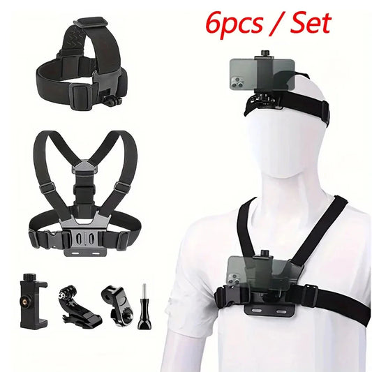 Kit de cámara de acción todo en uno de 6 piezas con correa para la cabeza y correa para el pecho, ajustable para GoPro, teléfono, Osmo, estabilidad mejorada y versatilidad.