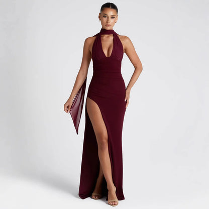 Summer 2025 Women's Sexy Deep V-Strap Hanging Neck High Cut Split Dress Solid Color Bareback Fashionable Split Dress