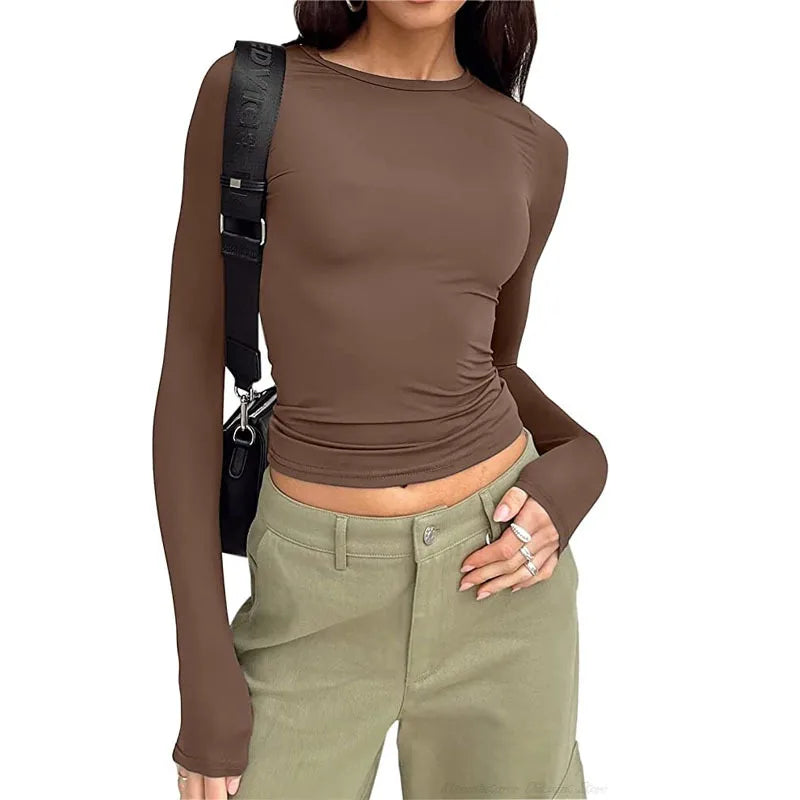 Camiseta rosa Y2K de primavera y otoño 2025 para mujer, tops casuales de manga larga, tops de cuello redondo, camisetas básicas, camisetas ajustadas.